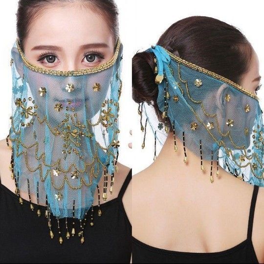 ベリーダンス 衣装 アクセサリー フェイスマスク スパンコール 水色 小物 レディース キラキラ レース オリエンタル アラビアン
