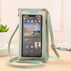 スマホポーチ ショルダーバッグ 財布 韓国 グリーン スマホケース iphone 多機能
