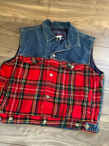 GAP デニム×チェック柄ベスト 古着オールドGAPビンテージデニムジャケット