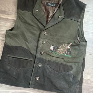 Leather Star チロリアンレザーベスト 刺繍 グリーン系パッチワーク斧歯車