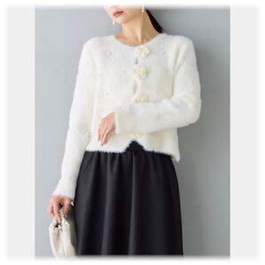 SALE★ 新品 フラワーボタンシャギーパールカーディガン/アイボリー frene