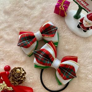 【6】大人可愛い☆クリスマス☆リボンヘアゴム☆赤&緑&白&赤チェック