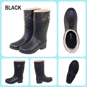 24062 キッズ 防水 防寒 レインブーツ ブラック 22.0cm ファー付き 長靴 雨靴 完全防水 耐候性 屈曲性 防滑底 幅広 男の子 女の子 ②