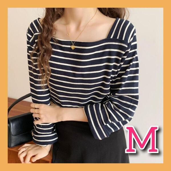 スクエアネック ボーダー Tシャツ 長袖 ロングT カットソー チュニック 春 秋 M コットン ネイビー