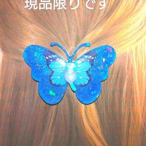 バレッタ髪飾り 蝶々 蓄光 レジン作品 猫 (ハンドメイド)