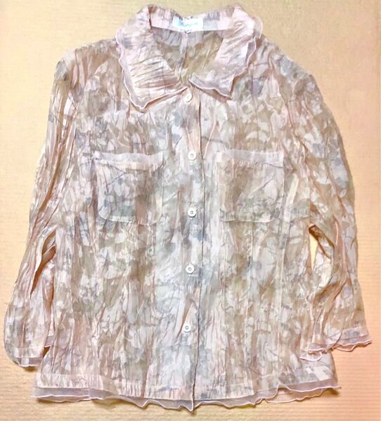 美品 PANPIGALLE パンピガーレ 13号 LLサイズ タツミヤ購入 ピンク 薄手シャツ 羽織 透け感 花柄 しわ加工 七分