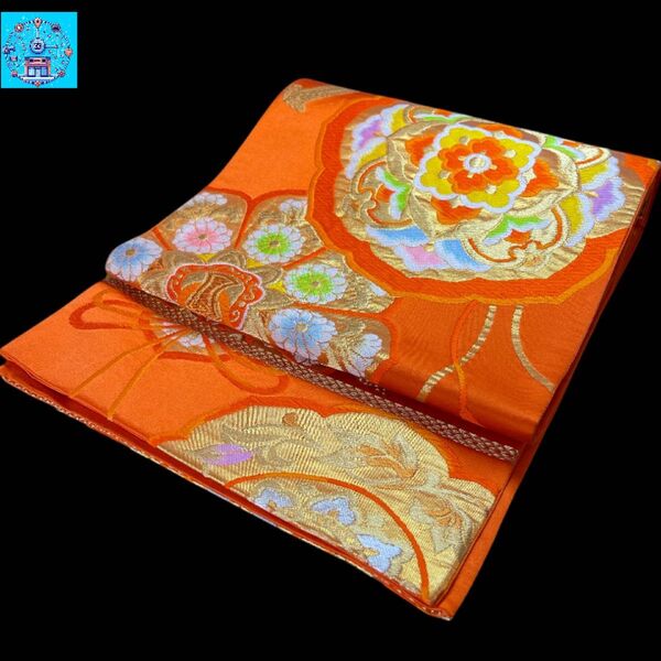 【美品 未使用品】 六通柄袋帯 雪輪紋様 オレンジ系 振袖 色留袖 訪問着 礼装