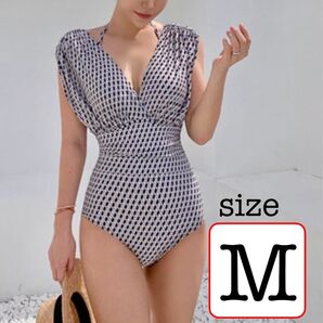 【新品未使用】ワンピース 水着 幾何学模様 インポート 海外 体型カバー 大人可愛い セクシー Vネック 背中開き