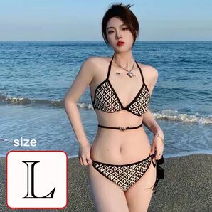 【セパレート水着】L ビキニ 総柄 リゾート映え 海外 セクシー 三日月 紐 美女 美人