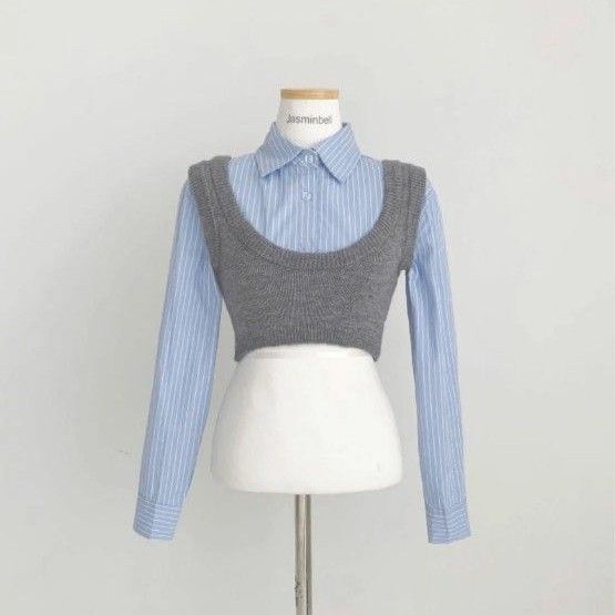 ニットベスト付きクロップド丈シャツ ショート丈 ストライプ ビスチェ ブラウス セットアップ GRL グレイル SHEIN
