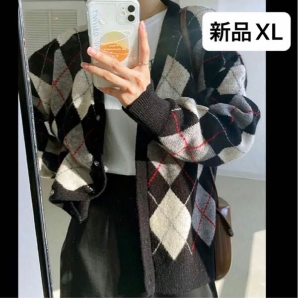 新品 レディース 長袖 カーディガン ブラック 黒 大きいサイズ 韓国風 ゆったり オーバーサイズ XL アーガイル