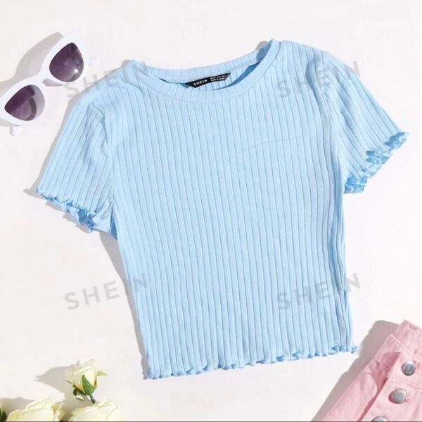 SHEIN ソリッドレタストリム リブニットTシャツ ベビーブルー