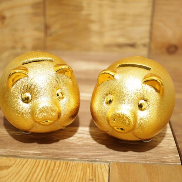 金の豚小 2個セット 貯金箱 開運 金運 ゴールド 新品未使用 箱付 陶器 置物
