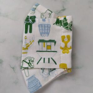 ハンドメイド マスクカバー handmade 大臣風 舟形 ボックス 大人サイズ はにわ柄 グリーン