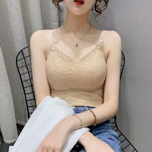 大人気 カップ付き バッククロス キャミソール レースVネック 縦リブ ベージュ