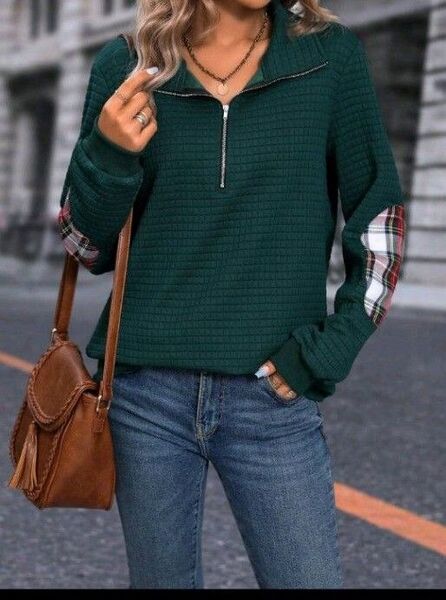 SHEIN LUNE ダークグリーン ジッパースウェット S ハーフジップトップス
