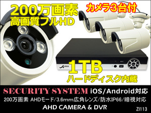 防犯カメラセット 高画質フルHD 200万画素 DVR 1TBハードディスク内蔵 Ipad iPhone対応 カメラ3台付き/10