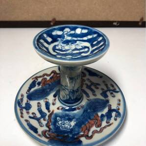 【聚寶堂】大清乾隆年制 青花釉里紅三獅燈盞 J-62
