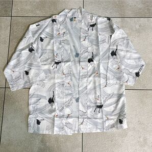 残り一点!!カーディガン メンズ和式 開襟 鶴柄 通気性 日焼け防止服 XL 白 鶴 和柄 着物 羽織り 浴衣