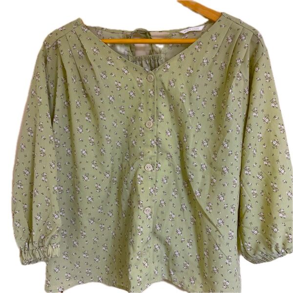 花柄ブラウス 七分袖 ehka sopo シャツ トップス 黄緑 春服