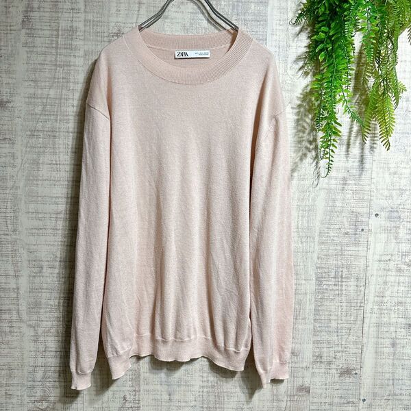 a557【ZARA】クルーネックセーター ピンク 海外L 長袖 シンプル 定番