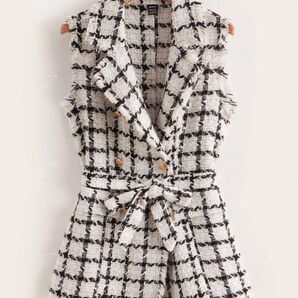 SHEIN Clasi 格子縞パターン ベルト ツイード ベストオーバーコート