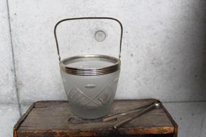【古い ガラス アイスペール】氷入れ トング付き 擦りガラス 切子 昭和レトロ