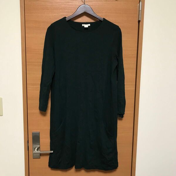 ワンピース 長袖 膝丈 ストレッチ カットソー ワンピ グリーン H&M M