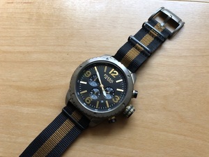 良品 レア FOSSIL フォッシル クロノグラフ デイト DE-5006 ブロンズデッカー 純正ナイロンベルト クオーツ メンズ 腕時計