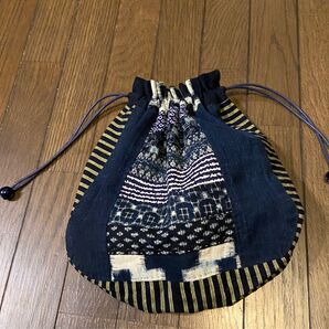 古布 リメイク 絣 藍染布 紅花染 きんちゃく袋 ハンドメイド