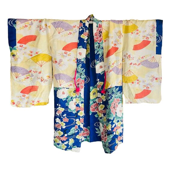 長羽織 着物 和装 振袖 古布 単衣 花柄 扇子柄 カラフル 中古品