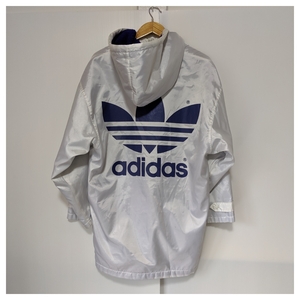 ☆90'S☆ ビンテージ デサント製 adidas アディダス デカ トレフォイル ナイロン フード ベンチコート 裏ボア サイズM ホワイト 日本製