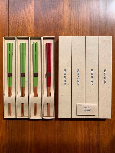【新品】お箸4膳セット◆日本製◆イオンHOMECOORDYホームコーディ◆若狭塗 天然木◆若草3膳・茜1膳◆匿名配送