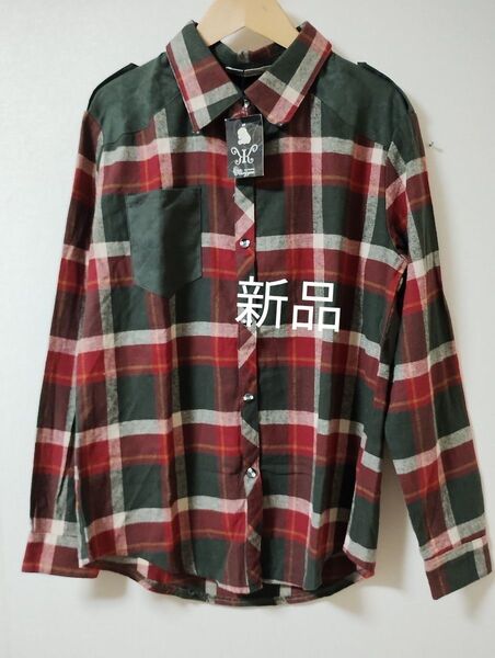 *☆新品タグ付き 異素材 切り返し 長袖チェックシャツ レッド系 M 〜L