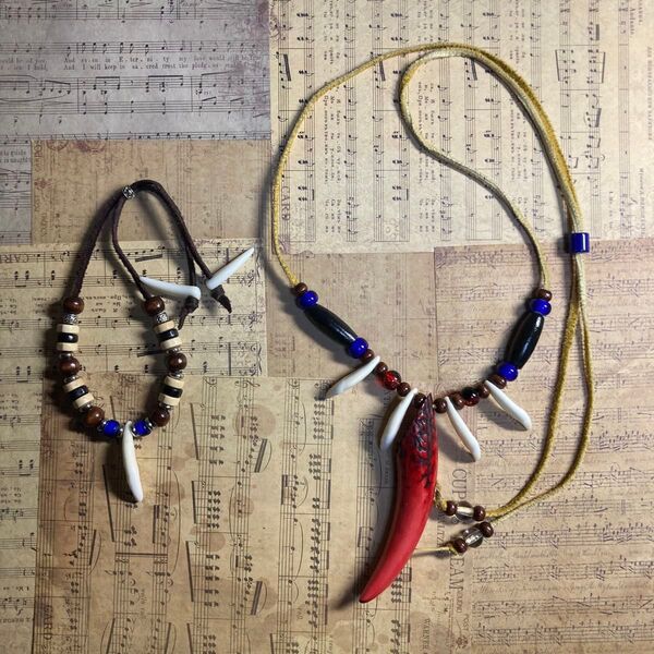 【ハンドメイド】チベットオオカミの牙と鹿の角トライバルネックレス ブレスレットセット