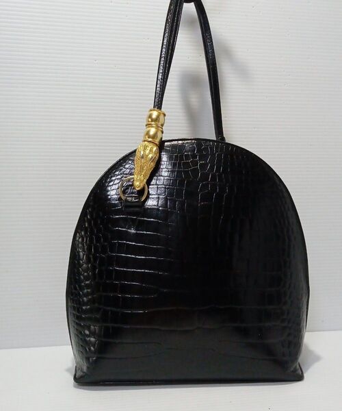 美品【ヒロココシノ】 本革 クロコ型押し ワニ金具 肩がけ ハンドバッグ 黒