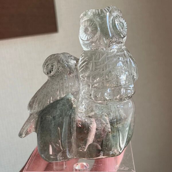 天然石 ガーデンクォーツ フクロウ親子の置物