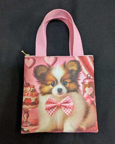 フラットポーチ 持ち手付き パピヨン 片面パネル ハンドメイド