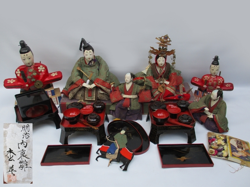 Old house Hatsudashi■ Old Hina dolls, one pair of Dairi dolls, other tools, clay dolls■Meiji era, in wooden box No.5398■, season, Annual event, Doll's Festival, Hina doll