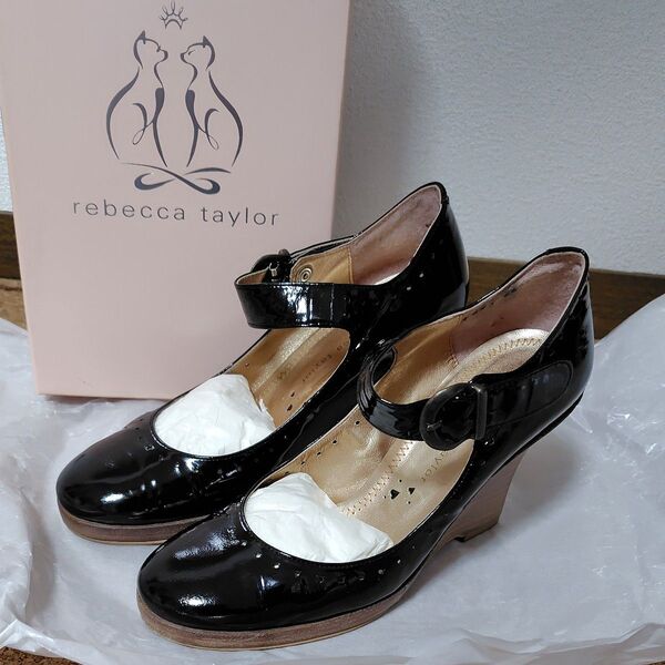 レベッカテイラー ウエッジソール パンプス 23cm ハイヒール 黒 ブラック エナメル ワンストラップ