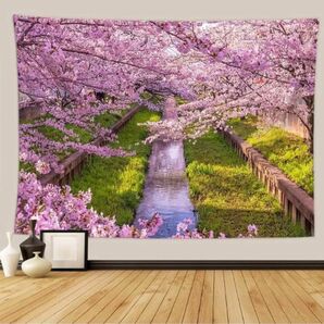 タペストリーE06 桜満開 花見 川辺 春 ピンク 絶景 撮影背景