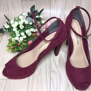31 sons de mode オープントゥ ベロア ハイヒール パンプス 靴 ワインレッド ボルドー 赤 真紅アンクルストラップ