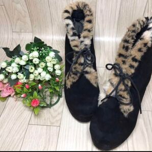 Acnama ベロア 豹柄 厚底 ショートブーツ アニマル 黒 レオパード ブーティ ブラック ファー L 24cm ボア低身長