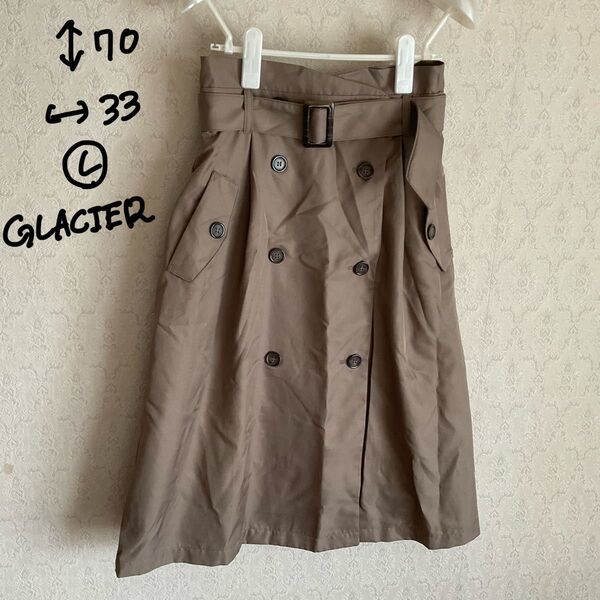 レディース トレンチスカート 秋冬 膝丈 ブラウン Lサイズ GLACIER 古着