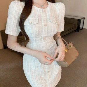 『未使用』 韓国風ドレス 半袖ワンピース ラウンドネック ショートホワイトパフスリーブ シンプルワンピース