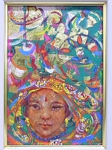 e2501　真作保証　油彩　人物画　高山博子　「童女」　額縁