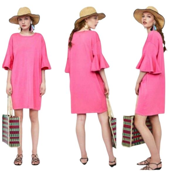【美品】ZARA ザラ 袖フレアーワンピース Barbie pink バービーピンク