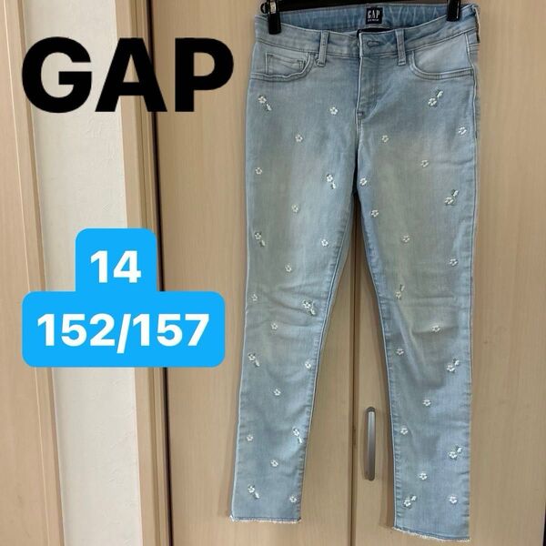 【GAP】(USED)ギャップ デニムパンツ 花柄刺繍 ブルーデニム ストレッチジーンズ ジーパン 14(152/157)