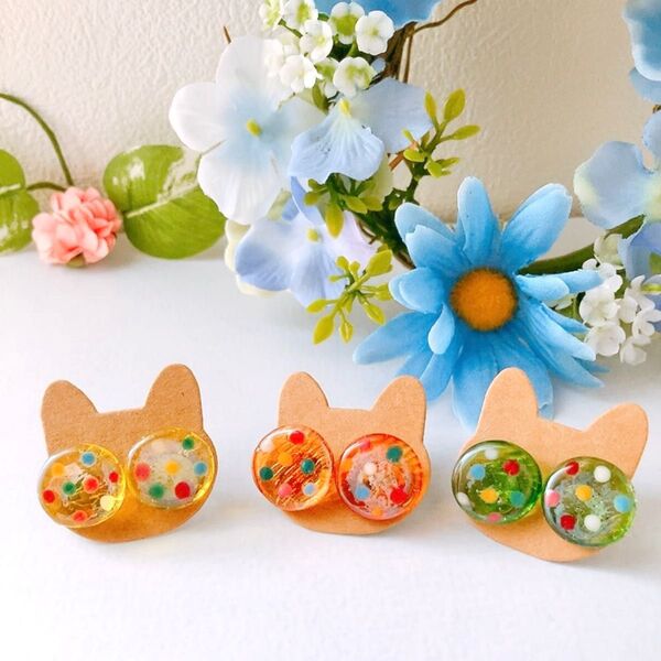 レトロおはじきカラフルピアス 3種 水玉 ピアス イヤリング ハンドメイド おはじき ガラス 水玉 和装 着物 イヤリング無料 和
