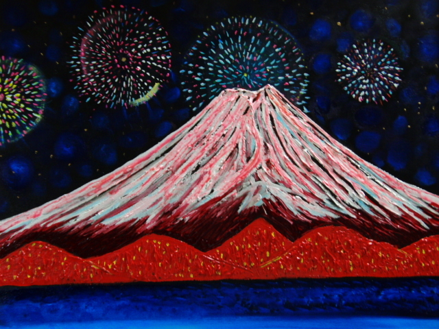 ≪Komikyo≫TOMOYUKI･Tomoyuki, Mont Fuji/Feux d'artifice, peinture à l'huile, F20 n° : 72, 7×60, 6 cm, Peinture à l'huile unique en son genre, Peinture à l'huile neuve de haute qualité avec cadre, Signé à la main et authenticité garantie, peinture, peinture à l'huile, Nature, Peinture de paysage